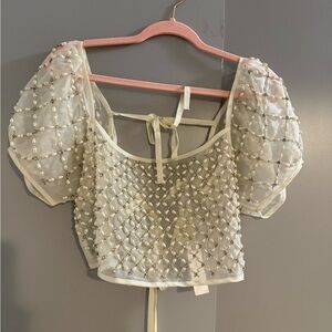 Anthropologie Cream Beaded Puff-Sleeve Crop Top